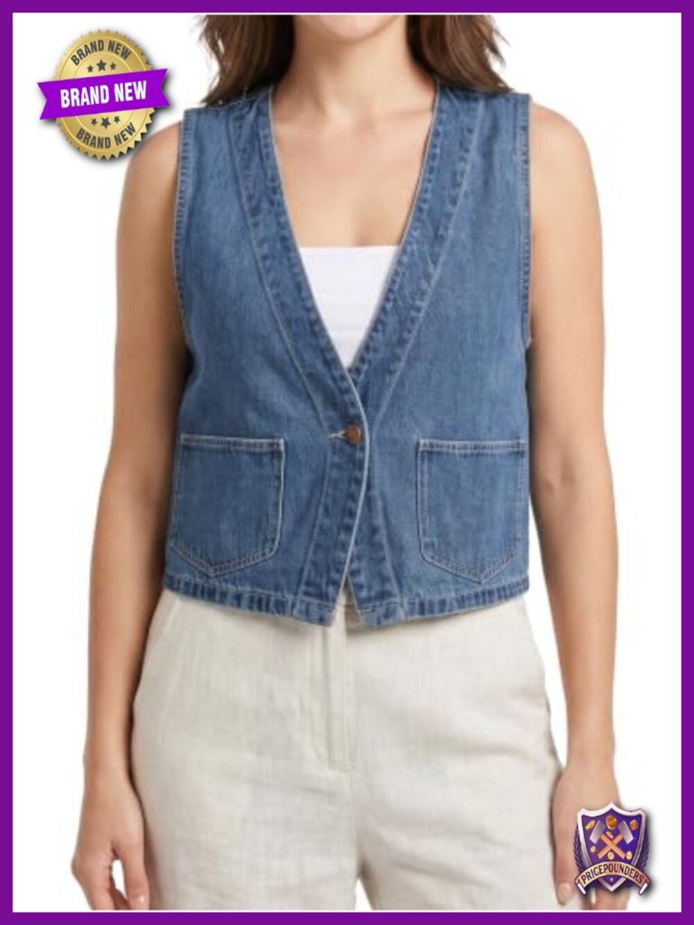 Sleeveless Denim Vest Button Front V-Neck Jean Top